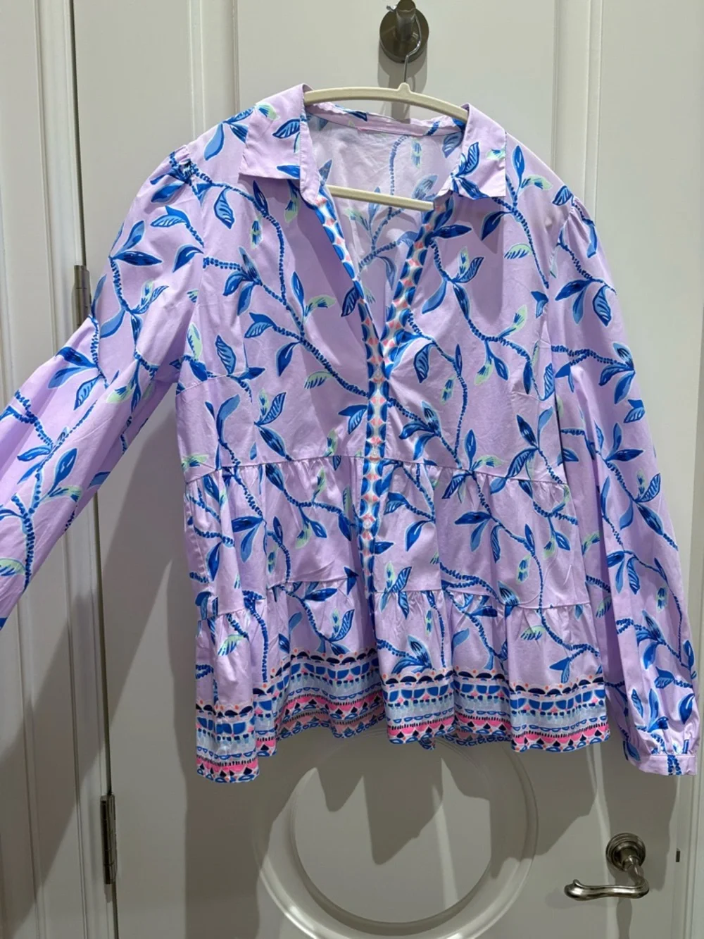 Lilly Pulitzer Lilac Floral Button-Front Blouse with Blue Leaf Print - Picture 2 of 3